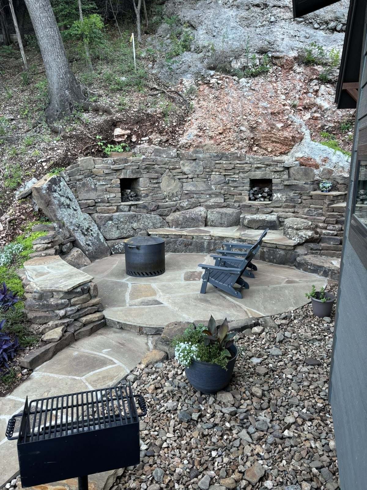 Looking down on the firepit circle from the cabin steps
