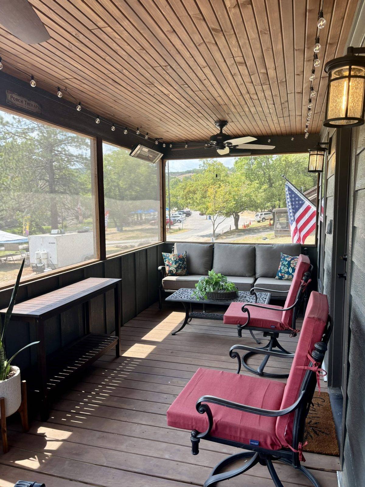 The screened porch looking toward the water